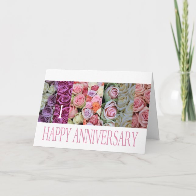 1st Wedding Anniversary Card pastel roses (Front)