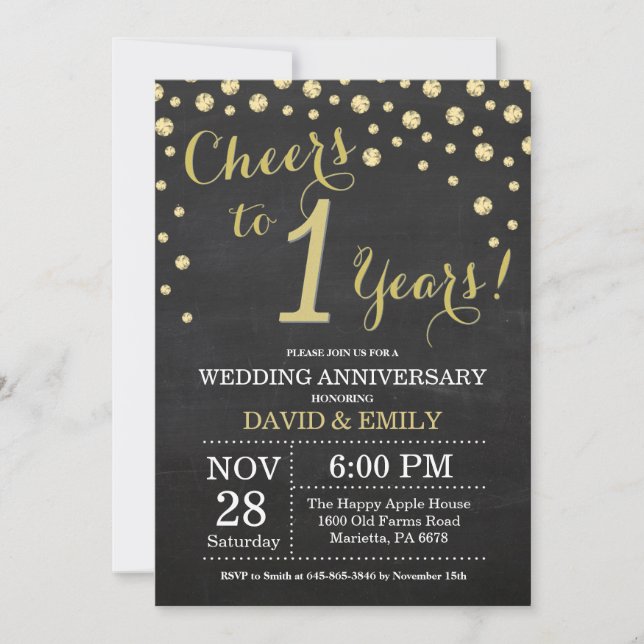1st Wedding Anniversary Chalkboard Black and Gold Invitation (Front)