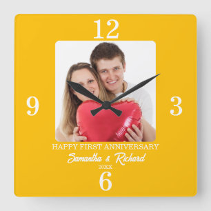 1st Wedding Anniversary Colour Golden Yellow Photo Square Wall Clock