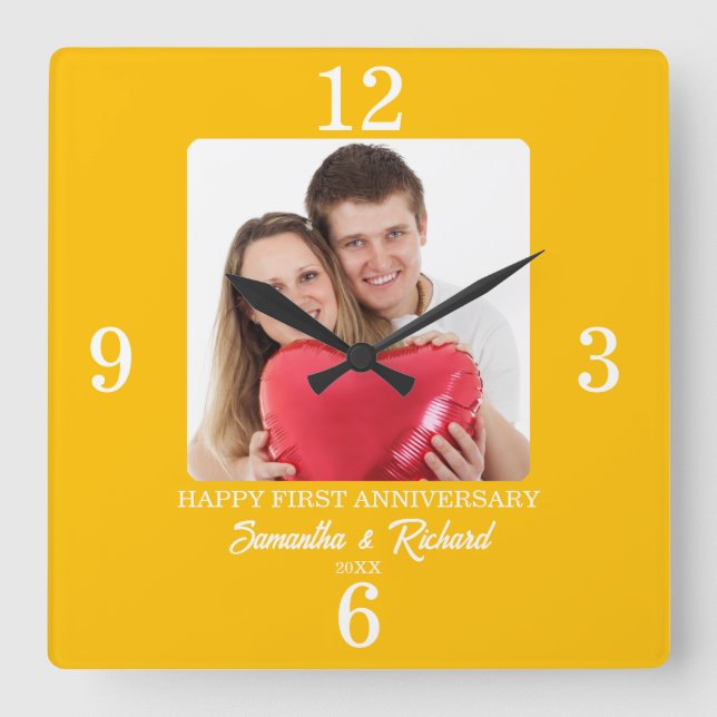 1st Wedding Anniversary Colour Golden Yellow Photo Square Wall Clock (Front)