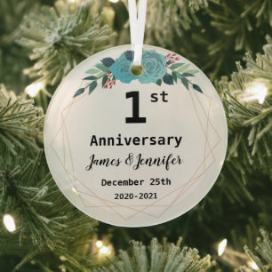 1st Wedding Anniversary Custom Names and Year  Glass Tree Decoration