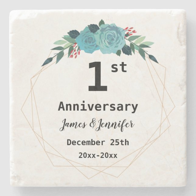 1st Wedding Anniversary Custom Names and Year Stone Coaster (Front)