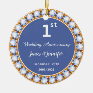 1st Wedding Anniversary diamond Custom Names Ceramic Tree Decoration
