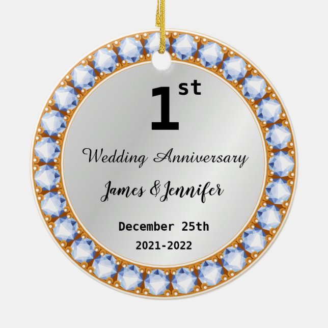 1st Wedding Anniversary diamond Custom Names Ceramic Tree Decoration (Back)
