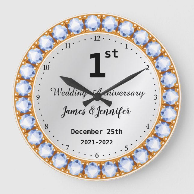1st Wedding Anniversary diamond Custom Names Large Clock (Front)