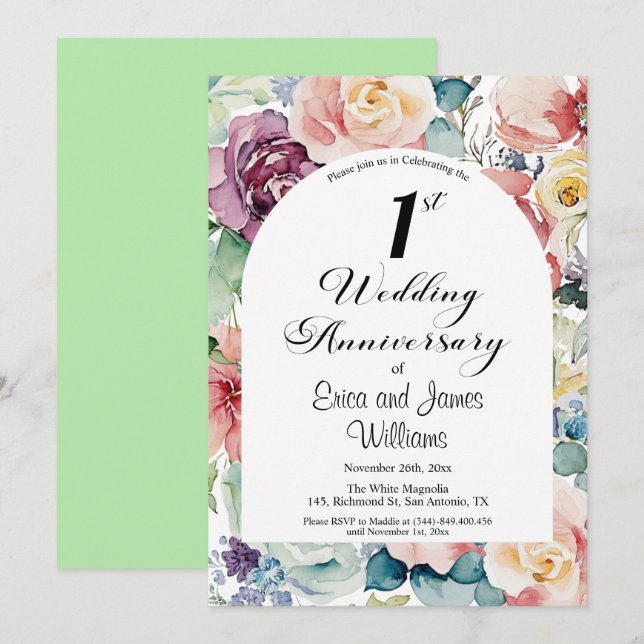 1st Wedding Anniversary Elegant Script Floral Invitation (Front/Back)