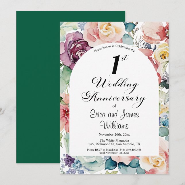 1st Wedding Anniversary Elegant Script Floral Invitation (Front/Back)