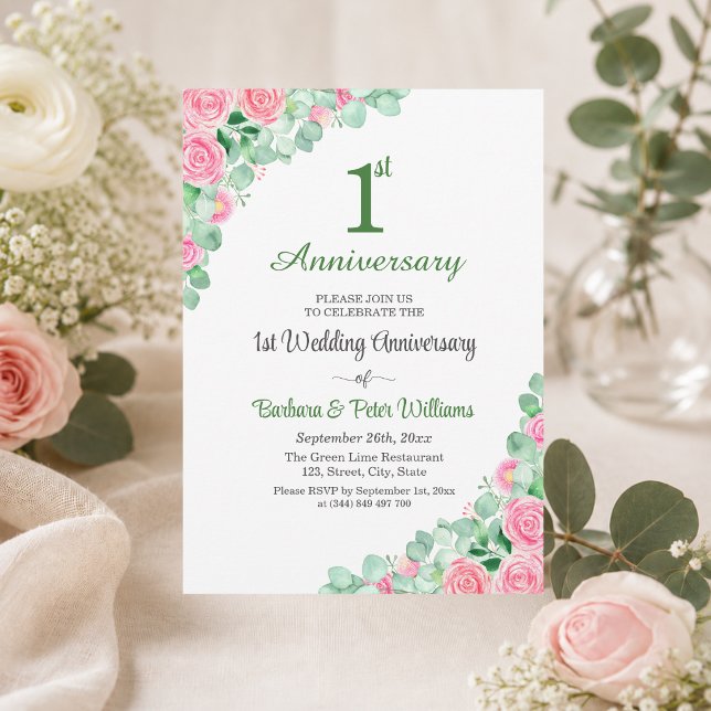 1st Wedding Anniversary Eucalyptus Roses Invitation (Creator Uploaded)