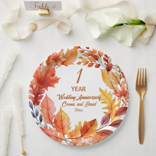 1st Wedding Anniversary Fall Floral  Paper Plate (Wedding)