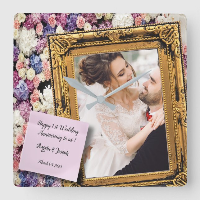 1st Wedding Anniversary Floral Old Wooden Frame Square Wall Clock (Front)