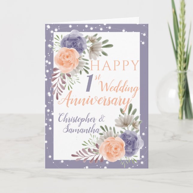 1st Wedding Anniversary Floral Purple Peony  Card (Front)