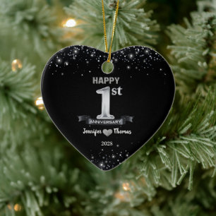1st Wedding Anniversary Glitter Silver Custom   Ceramic Tree Decoration