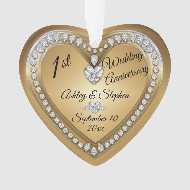 1st Wedding Anniversary Gold Diamonds Keepsake Ornament (Front)
