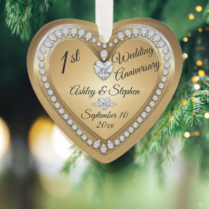 1st Wedding Anniversary Gold Diamonds Keepsake Ornament