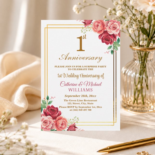 1st Wedding Anniversary Gold Frame Surprise Party Invitation (Creator Uploaded)