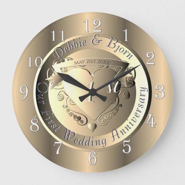 1st Wedding Anniversary Golden Medallion Large Clock (Front)