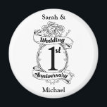 1st Wedding Anniversary Magnet<br><div class="desc">A keepsake to mark your first wedding anniversary. The shield like design in black and white,  with roses and romantic vines. A great way to mark your 1st year of marriage,  you paper anniversary.</div>