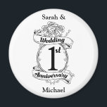 1st Wedding Anniversary Magnet<br><div class="desc">A keepsake to mark your first wedding anniversary. The shield like design in black and white,  with roses and romantic vines. A great way to mark your 1st year of marriage,  you paper anniversary.</div>