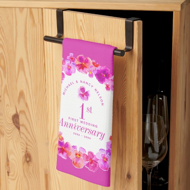 1st wedding anniversary party pink pansy flower  tea towel (Thirds Fold)