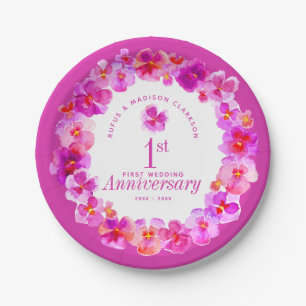 1st wedding anniversary party pink pansy paper plate