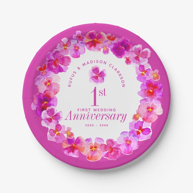 1st wedding anniversary party pink pansy paper plate (Front)