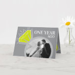 1st wedding anniversary peridot now then photo card<br><div class="desc">1st wedding anniversary now and then photo template card in grey, with peridot green and white sparkle. Featuring a graphic eternity ring with two photos of you and your partner now and then. Personalised with your own photos of your wedding day and a current photo on the inside then add...</div>