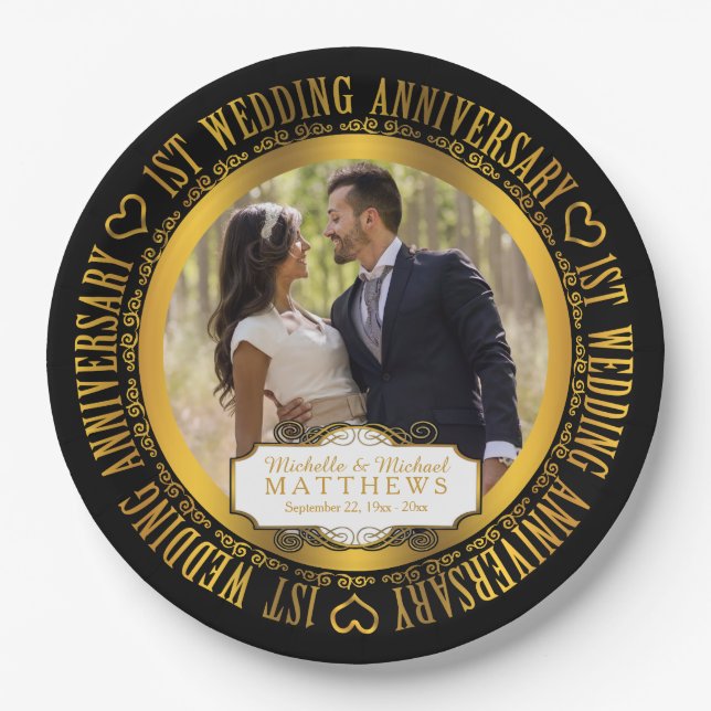 1st Wedding Anniversary Photo Black | Gold Tone Paper Plate (Front)