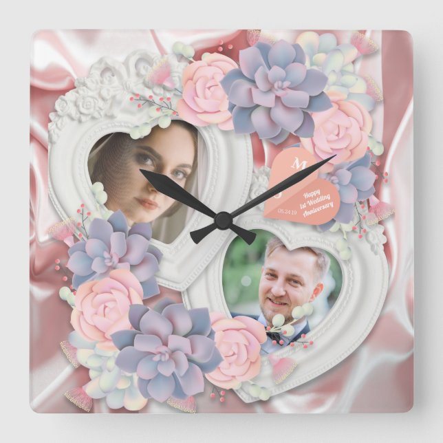 1st Wedding Anniversary Vintage Floral Photo Clock (Front)