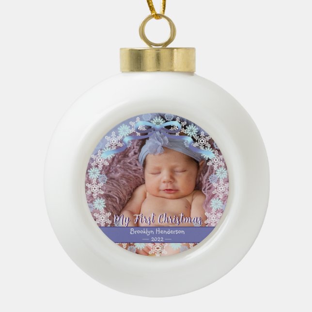 1st Xmas New Baby Photo Name Light Blue Purple Ceramic Ball Christmas Ornament (Front)