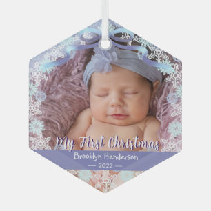 1st Xmas New Baby Photo Name Light Blue Purple Glass Tree Decoration