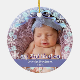 1st Xmas New Baby Photo Name Light Blue Purple Orn Ceramic Tree Decoration