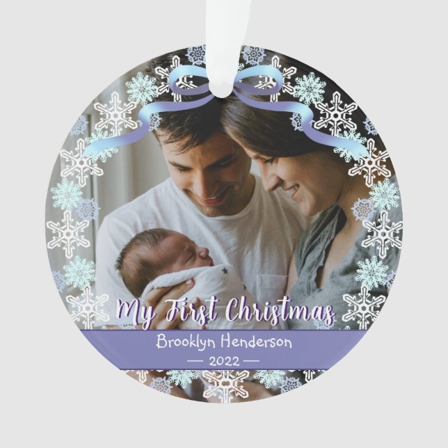 1st Xmas New Baby Photo Name Light Blue Purple Ornament (Front)