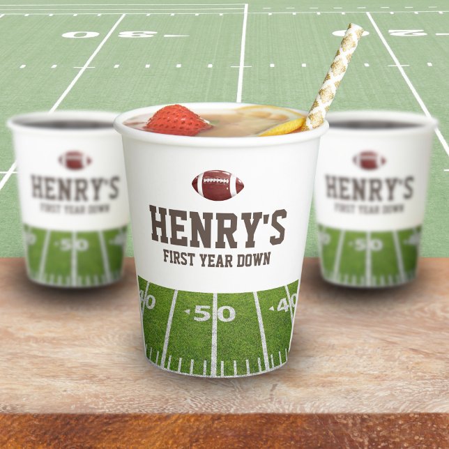 1st year down Football Boy's Birthday  Paper Cups (Football themed birthday party - personalized cups for "first year down" party)