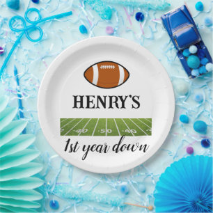 1st year down Football Boy's Birthday Paper Plate