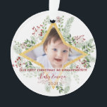 1st Year Grandparents Gold and Floral Christmas Ornament<br><div class="desc">Winter botanical wreath and gold frame with your baby photo. Great as first Christmas gift for the grandparents!</div>