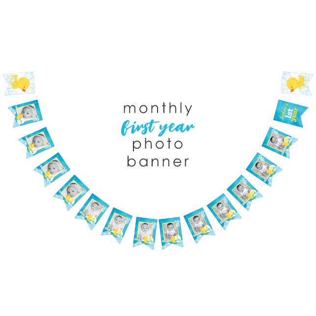 1st Year Monthly Photo Watercolor Duck Banner (Watercolor Rubber Duck Monthly Photo 1st Year Hanging Banner : Blue Yellow White Boy)