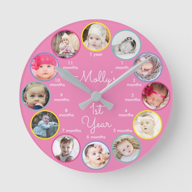 1st Year of Photos Baby Girl Nursery Round Clock (Front)