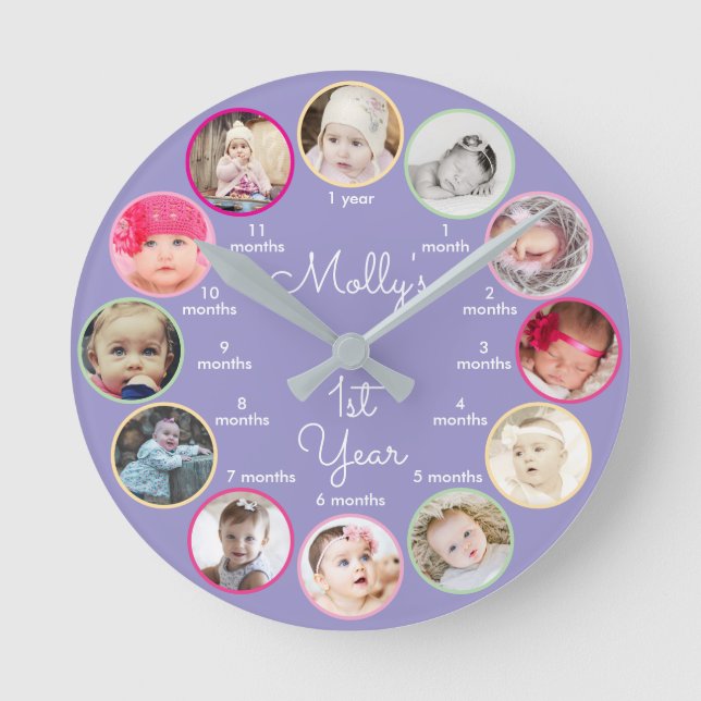 1st Year of Photos Girl Purple Nursery Round Clock (Front)