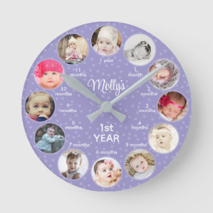1st Year of Photos Girl Purple Polka Dots Nursery Round Clock
