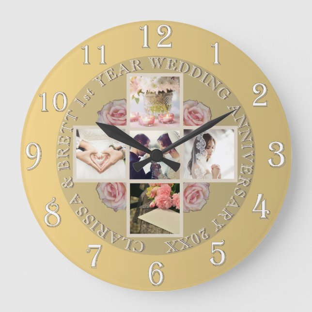 1st year Wedding Anniversary 5 photos Gold Color Large Clock (Front)