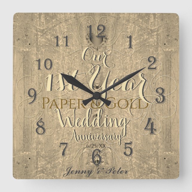 1st Year Wedding Anniversary Paper&Gold Square Wal Square Wall Clock (Front)