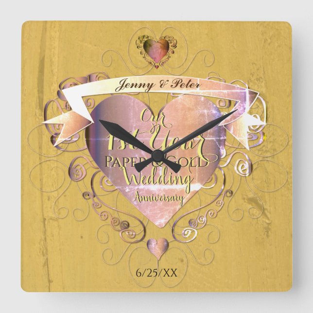 1st Year Wedding Anniversary Paper&Gold w Heart Square Wall Clock (Front)