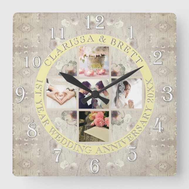 1stYr.Wedding Anniversary Photos Yellow Medalion Square Wall Clock (Front)