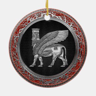 [200] Assyrian Winged Bull - Silver Lamassu Ceramic Tree Decoration