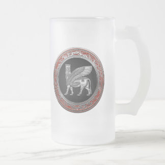 [200] Assyrian Winged Bull - Silver Lamassu Frosted Glass Beer Mug