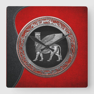 [200] Assyrian Winged Bull - Silver Lamassu Square Wall Clock