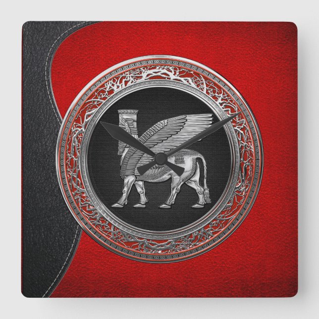 [200] Assyrian Winged Bull - Silver Lamassu Square Wall Clock (Front)