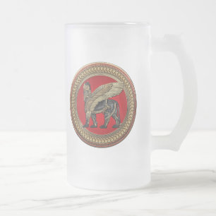 [200] Assyrian Winged Lion: Gold & Black Lamassu Frosted Glass Beer Mug
