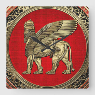 [200] Assyrian Winged Lion - Gold Lamassu Square Wall Clock