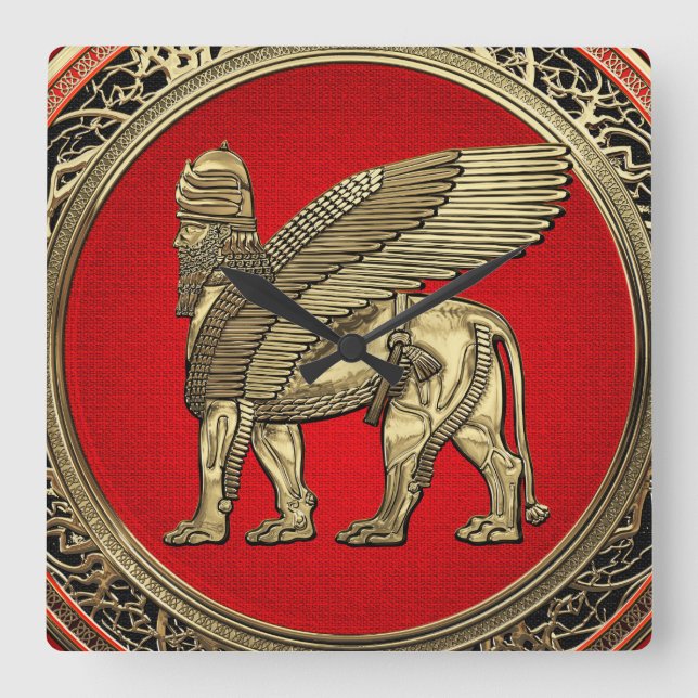 [200] Assyrian Winged Lion - Gold Lamassu Square Wall Clock (Front)